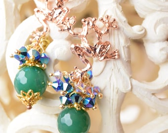 Gold plated brass frog drop earrings, frog earrings green agate pearl, animal stud earrings, fun natural earrings, blue svarowski earrings