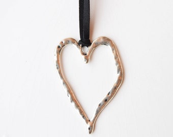 Big steel heart necklace, long silver heart necklace, long leather necklace, geometrical necklace, simple necklace for her, love necklace