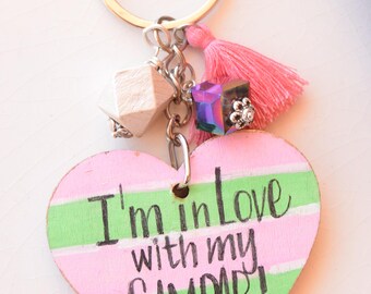 Handpainted Resin Wood Heart Keychain,Campari Cocktail Lover Gift,Funny Alcohol Drink Charm,Cute Purse Accessory Pink Tassel,Pop Art Keyring