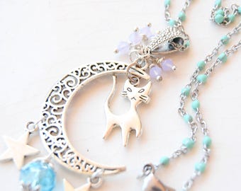 Cat Moon Star Necklace Turquoise – Handmade Boho Necklace with Crescent Moon, Cat Charm and Stars, Mystical Jewelry Gift for Women