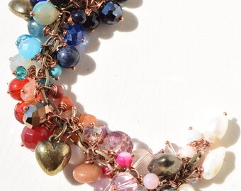 Rainbow Gradient Cluster Bracelet with Gemstones and Crystals, Antique Metal Hearts Charm Bracelet, Bold Multicolor Boho Jewelry Gift