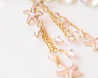Sea star pink blush svarowski crystals earrings, long pink starsfish earrings, ocean lover pink earrings, tropical stud earrings, moms gift