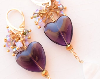 Art Nouveau Heart Earrings, Resin and Mother of Pearl Dangle Earrings, Vintage Style Swarovski Crystal Jewelry, Hypoallergenic Gift