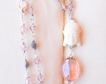 Buddha Mala Necklace with Pink Crystal Beads and Tassel, Boho Spiritual Jewelry for Yoga, Mindfulness Gift for Her, festival necklace