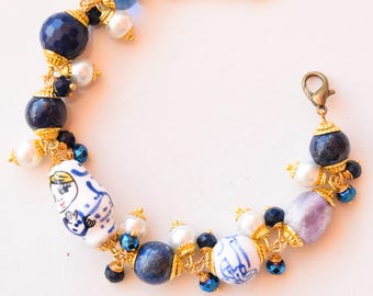 White & Blue Matryoshka Bracelet with Lapis Lazuli Beads, Swarovski Blue Crystals, Artistic Elegant Women’s Jewelry, art nouveau bracelet