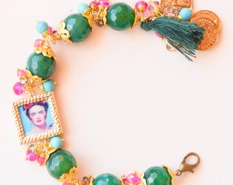 Green Agate Bracelet with Frida Cabochon, Pink & Iridescent Swarovski Crystals, Forest Green Tassel and Resin Coins, art nouveau bracelet