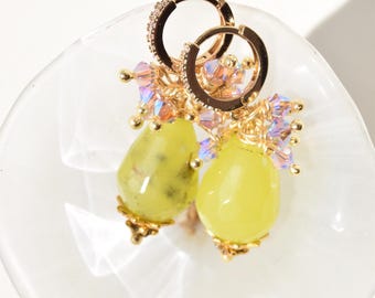 Green Agate Earrings with Swarovski Crystals, Gold Brass Hoop Earrings, Handmade Drop Earrings, Gift for Her, Statement Dangle Earrings