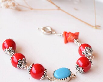 Red beaded simple bracelet, indian silver turquoise bracelet, simple boho bracelet, light elegant bracelet for her, geometrical mom bracelet