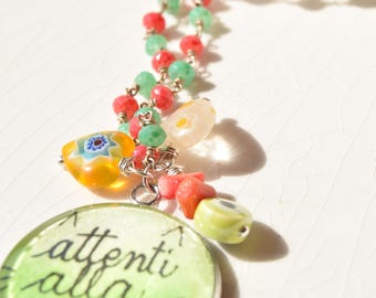 Handmade necklace with handwritten “Beware of the cat” pendant, Colorful beaded jewelry, Cat lover gift idea, cat necklace for her