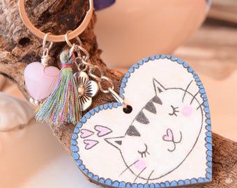 Handpainted Cat Wood Heart Keychain,Cat Lover Gift,Funny Meow Resin Keyring,Cute Purse Charm Multicolor Tassel,Kitten Memorial Gift Her