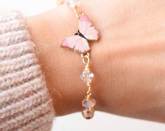 Fairy bracelet with pink butterfly, minimal fairy bracelet with pink swarovski crystals, enchanted jewels, elegant pink blush bracelet