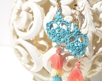 Rainbow Tassel Earrings, colorful cotton earrings, Art Nouveau Style, Summer Boho Jewelry with Brass Hooks, Handmade Art Nouveau Design