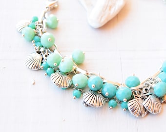 Shells charms bracelet, turquoise crystals bracelet, beach stud bracelet, turquoise lover bracelet, mermaid bracelet, summer bracelet