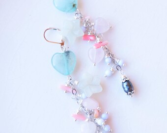 Light green agate earrings, long pink quartz earrings, fairy heart stud earrings, long elegant bohemian earrings, romantic love earrings