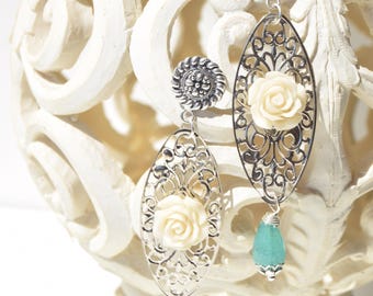 Romantic Ivory Rose Earrings, Silver Filigree and Aqua Drop, Handmade Vintage-Inspired Statement Jewelry, green floreal art nouveau earrings