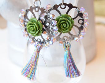 Green Rose Tassel Earrings, Boho Chic Crystal Dangle Earrings, Handmade Flower Jewelry, Statement Fringe Drop Earrings, Unique Gift for Her
