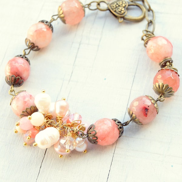 Pink blush bracelet, pink agate bracelet, beads bracelet, pearl bracelet, ethnic bracelet, boho jewels, bracelet for her, valentines gift