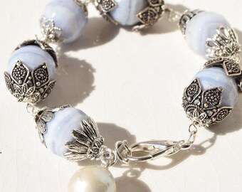 Blue Chalcedony and Freshwater Pearl Bracelet, Silver Filigree Vintage Style Bracelet, Natural Gemstone Jewelry, Romantic Gift for Her