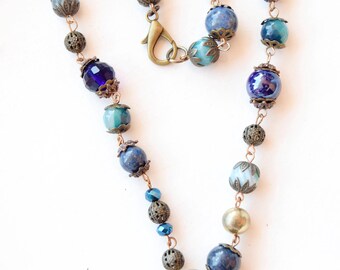 Ceramic Bead and Lapis Lazuli Necklace with Vintage Reclaimed 90s Pendant | Handmade Upcycled Jewelry One of a Kind Gift for Her