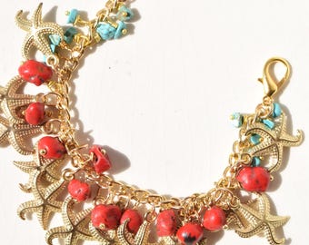 Gold Starfish Bracelet with Red Coral, Coastal Charm Bracelet with Turquoise and Shell, One of a Kind Summer Jewelry, Mermaidcore Gift