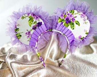 Lavender Floral Mouse Ears: Comfortable Flexible Headband, Free Earrings