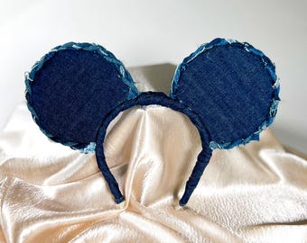 Mickey Ears, Minnie Ears, Mouse ears with flexible headband, No headache Disney Ears, denim mouse ears, denim Minnie ears