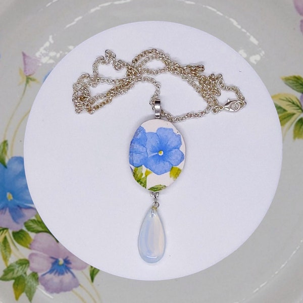 Handmade broken china dusty blue pansy oval pendant with Opal