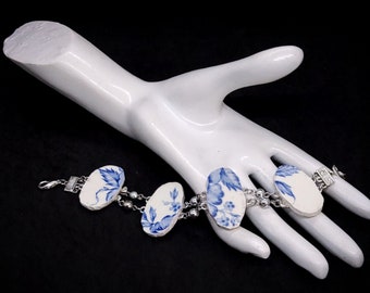 Handmade broken china blue and white adjustable bracelet