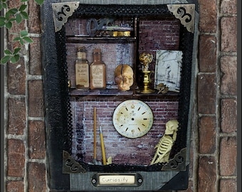 Handmade mixed media art old book cover 3D Curiosity cabinet diorama shadowbox