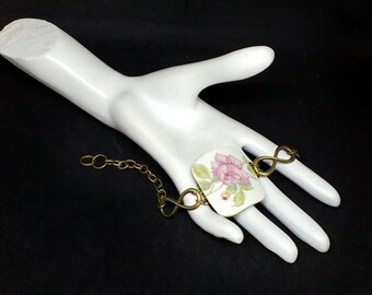 Handmade adjustable broken china pink rose bracelet