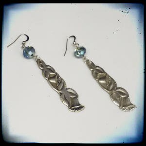 Handmade silver spoon and blue crystal beads long dangle earrings image 2