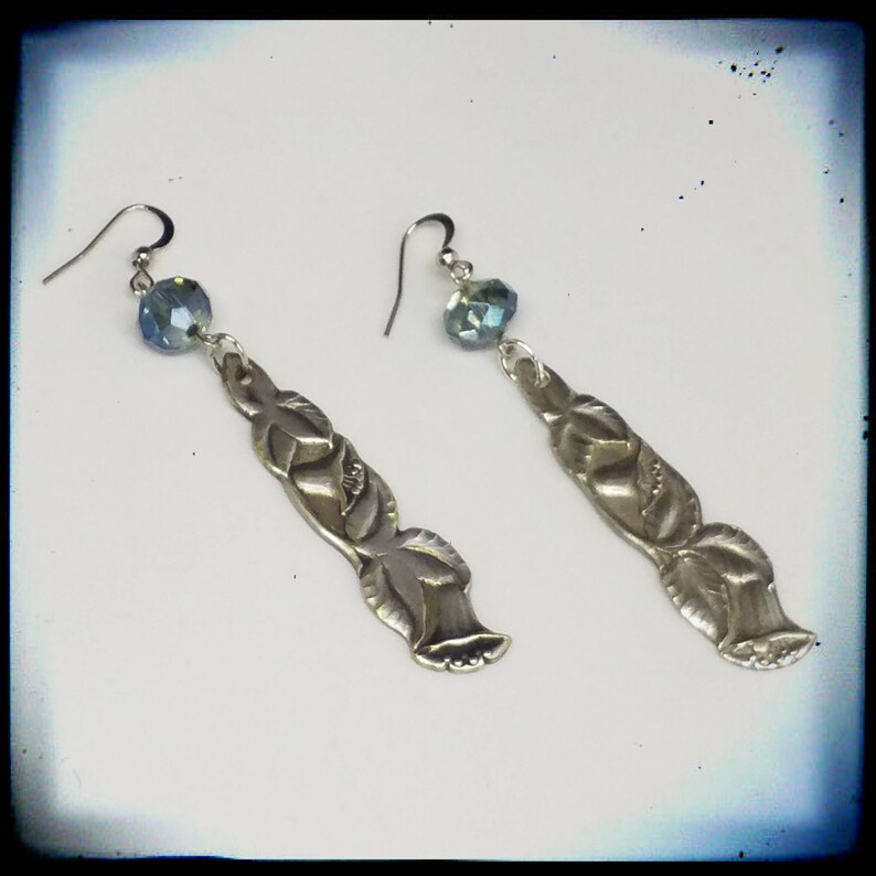 Handmade silver spoon and blue crystal beads long dangle earrings image 2