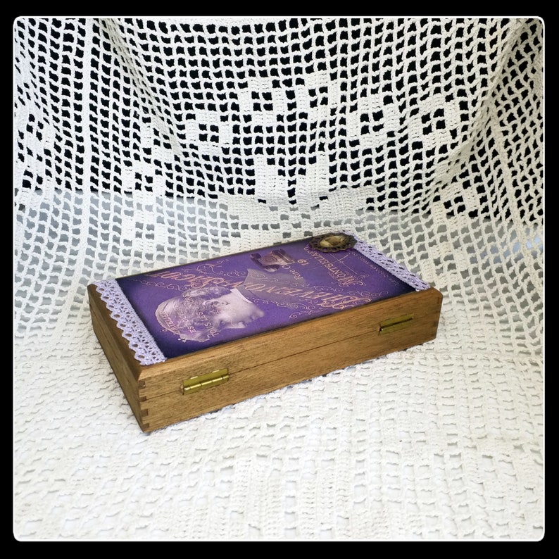 Handmade altered purple wooden mixed media jewelry box