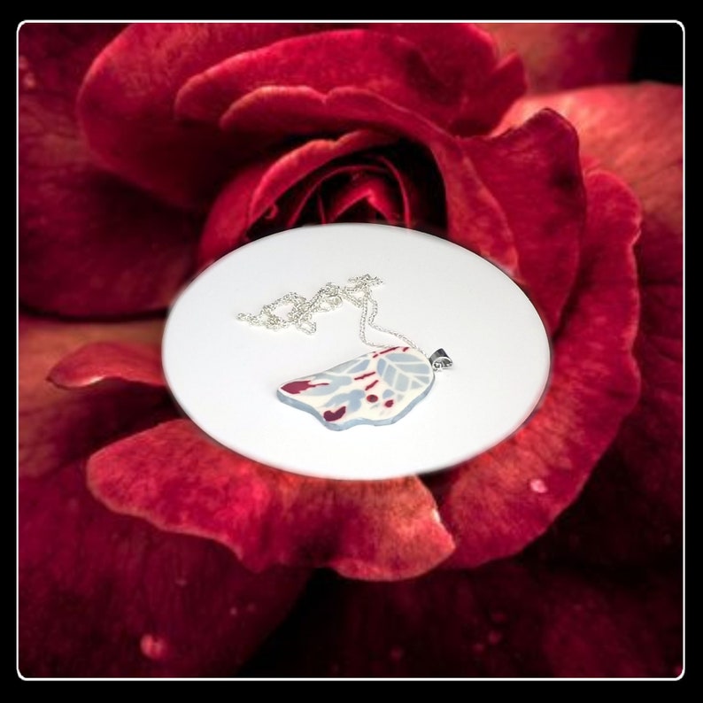 Handmade French broken china red rosebud pendant