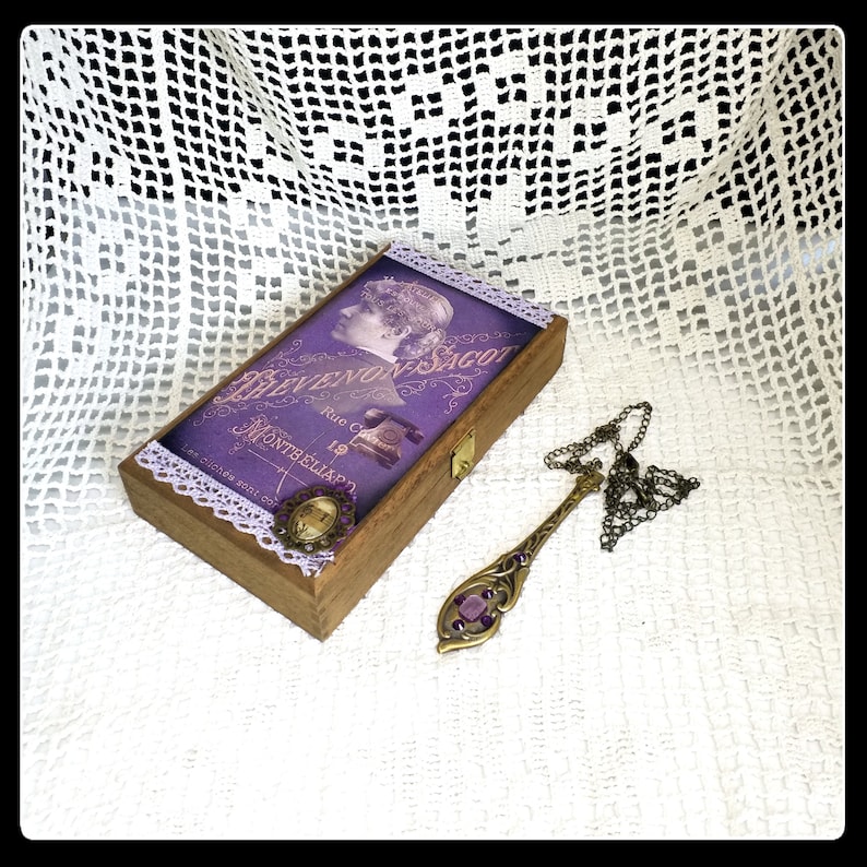 Handmade altered purple wooden mixed media jewelry box
