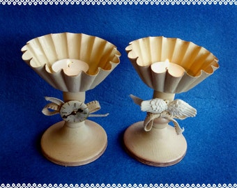 Handmade altered french beige OOAK tealight holders, a pair