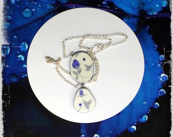 Handmade blue and white broken china rosebud necklace