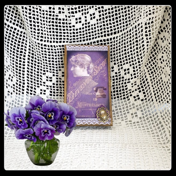 Handmade altered purple wooden mixed media jewelry box