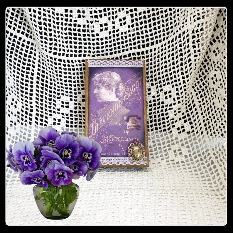 Handmade altered purple wooden mixed media jewelry box