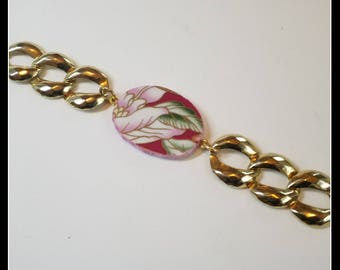 Handmade broken china OOAK pink and gold Poinsettia bracelet