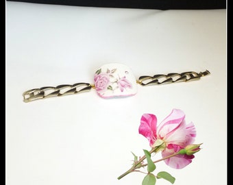Handmade OOAK broken china pink rose bracelet