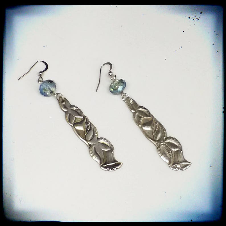 Handmade silver spoon and blue crystal beads long dangle earrings image 4