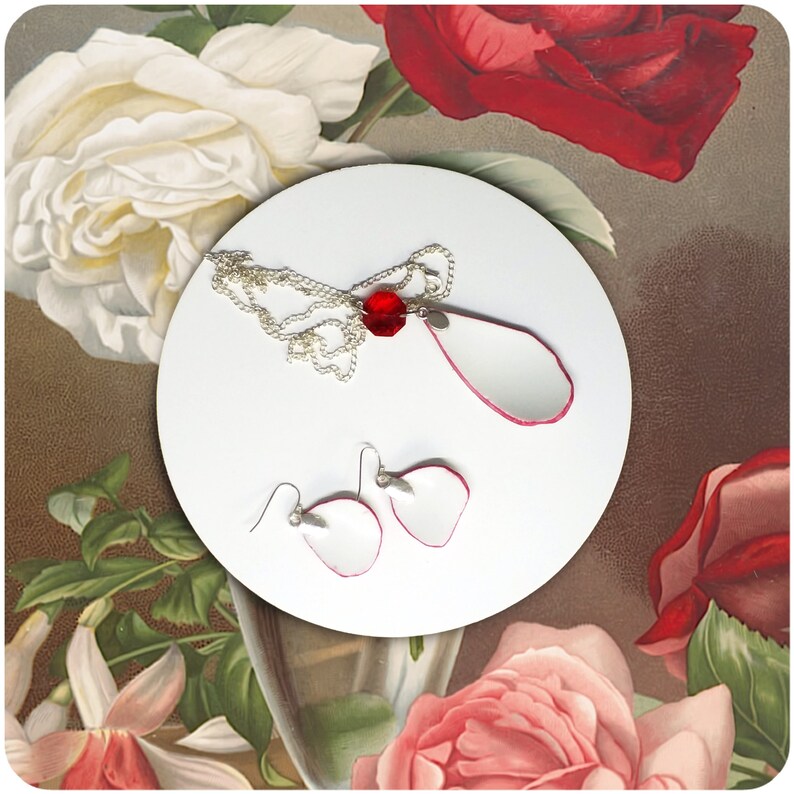 Handmade red rose broken china pendant and dangle earrings