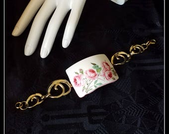 Handmade OOAK broken china wide pink rose bracelet