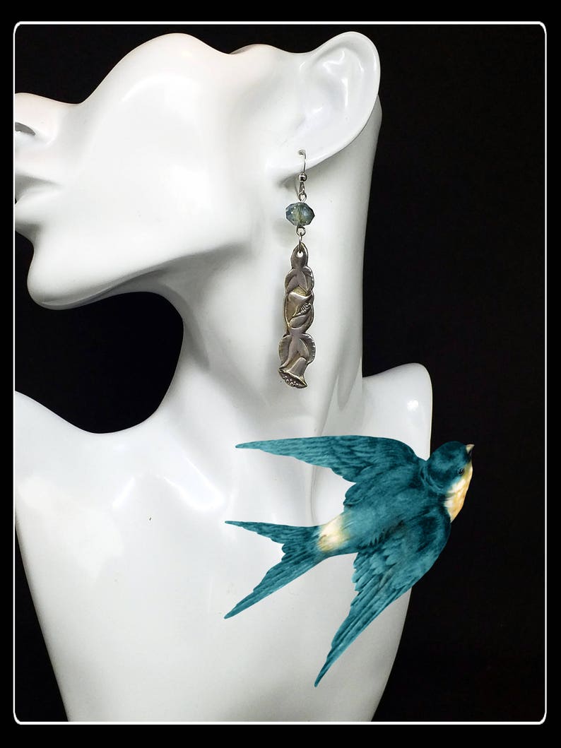 Handmade silver spoon and blue crystal beads long dangle earrings image 1