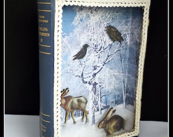 Handmade mixed media art old book cover winter woodland animals 3D shadowbox diorama