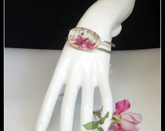 Handmade pink and gold broken china rose bracelet