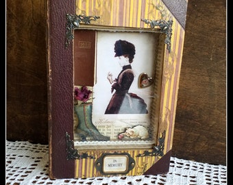 Handmade mixed media art old book cover Victorian lady shadowbox