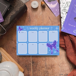 Blue Moth Weekly Calendar, A5 Notepad, Pastel Blue Witchcore Cottagecore Aesthetic Memo Pad, Handmade and Eco Friendly image 1