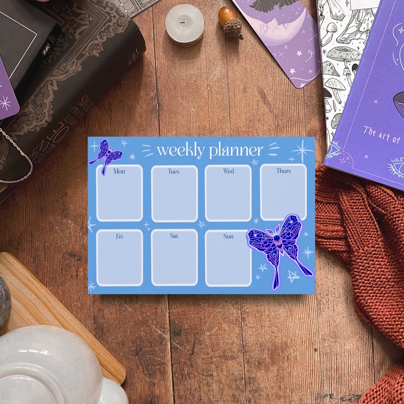 Blue Moth Weekly Calendar, A5 Notepad, Pastel Blue Witchcore Cottagecore Aesthetic Memo Pad, Handmade and Eco Friendly image 1